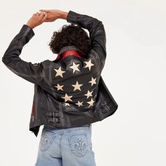 Black lambskin leather jacket with star accents MAURITIUS